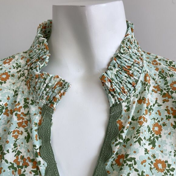 Umgee 1XL Green Floral Blouse Puff Sleeves Boho Shabby Cottage Chic Top Popover - Picture 3 of 12